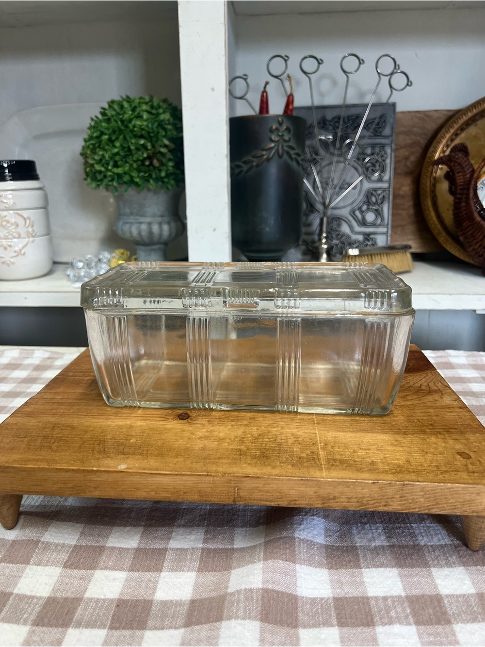 Vintage Hazel atlas criss cross refrigerator dish glass lidded storage